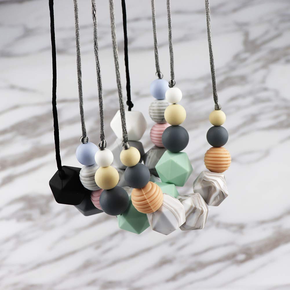 KEFU Teething Necklace for Mum,Silicone Baby Teether Necklace for Breastfeeding Nursing Handmade,Nursing Jewellery,100% BPA Free (Black and White Gray Match)
