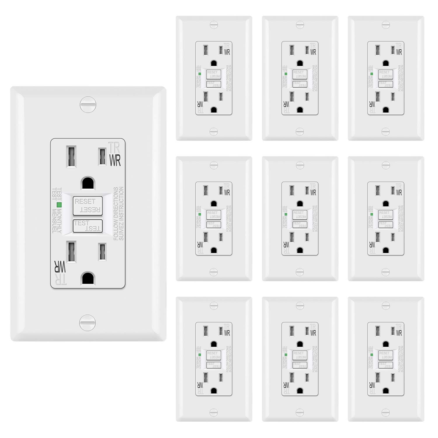 [10 Pack] BESTTEN 15A WR GFCI Outlets, Slim Outdoor Weather Resistant GFIs, Tamper Resistant Receptacles with LED Indicator, TR Ground Fault Circuit Interrupter with Decor Wall Plate, White