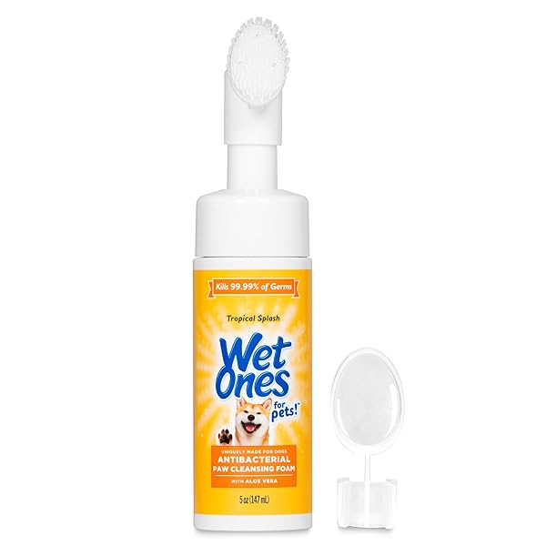 WET ONES FOR PETS ANTIBACTERIAL PAW CLEANER WITH BUILT-IN SCRUBBER BRUSH – FOAMING CLEANSER FOR DOG PAWS – WASHER & GROOMING CARE – CLEANING SUPPLIES – TROPICAL SPLASH SCENT 5 OZ