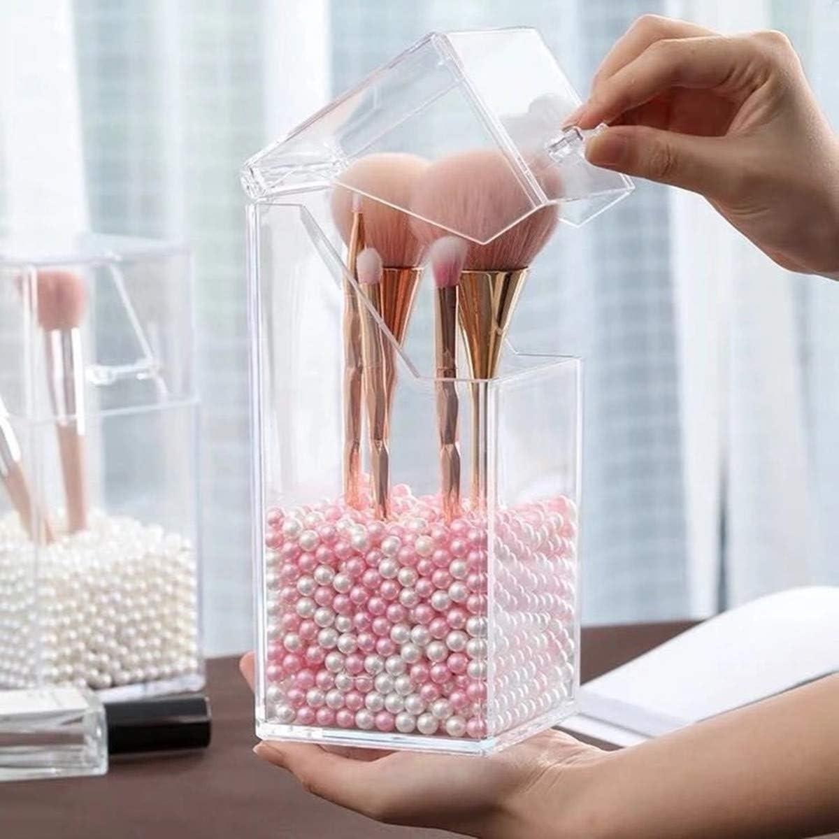 ACEDIVA Makeup Brush Holder Acrylic Makeup Organizer with lid, Cosmetic Display Cases with White Pink Pearl (Square): Home & Kitchen