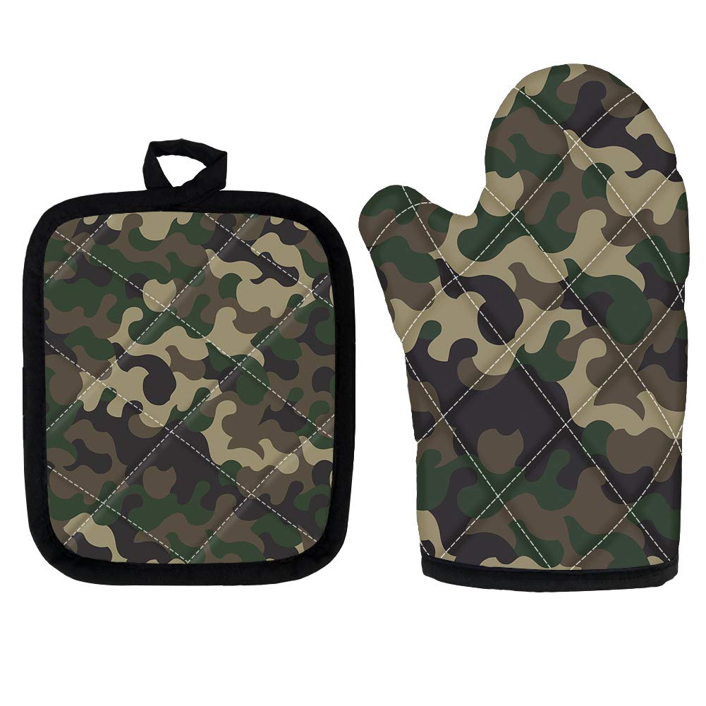 HUGS IDEA Camo Army Green Oven Gloves - Heat Resistant Grill BBQ Gloves with Fingers Oven Mitts Kitchen Cooking Gloves for Baking, Grilling, Barbeque