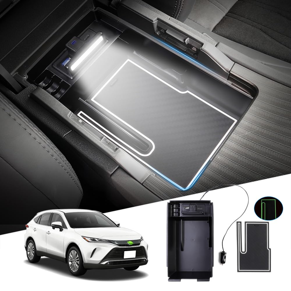 Auto Spec トヨタ ハリアー 80系 に適合 内蔵型コンソールボックス Harrier R2.06～現行 MXUA8# AXUH8# 2ポートUSB充電付き 車内収納ボックス 3Dトレイ 小物入れ 車種専用設計 内装 パーツ 滑り止め ラバーマット1点付き 収納アクセサリー 装着簡単 (ハリアー 80系, LEDセンサーライト＆USBポート付き)商品画像