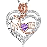 CCJM Rose Birthstone Gifts for Mom, S925 Sterling Silver Rose Heart Pendant Birthstone Necklace Mothers Day Valentines Day Christmas Birthday Jewelry Gifts for Mom