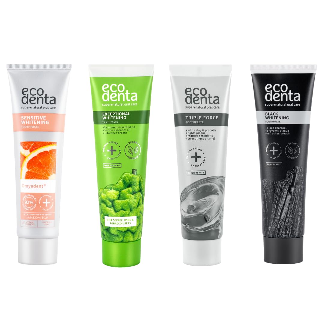 Ecodenta Expert Toothpaste Multipack - Activated Charcoal, Exceptional Tooth Whitening with Bergamot, Sensitive Toothpaste Whitening with Omyadent, Triple Force - 4x100ml