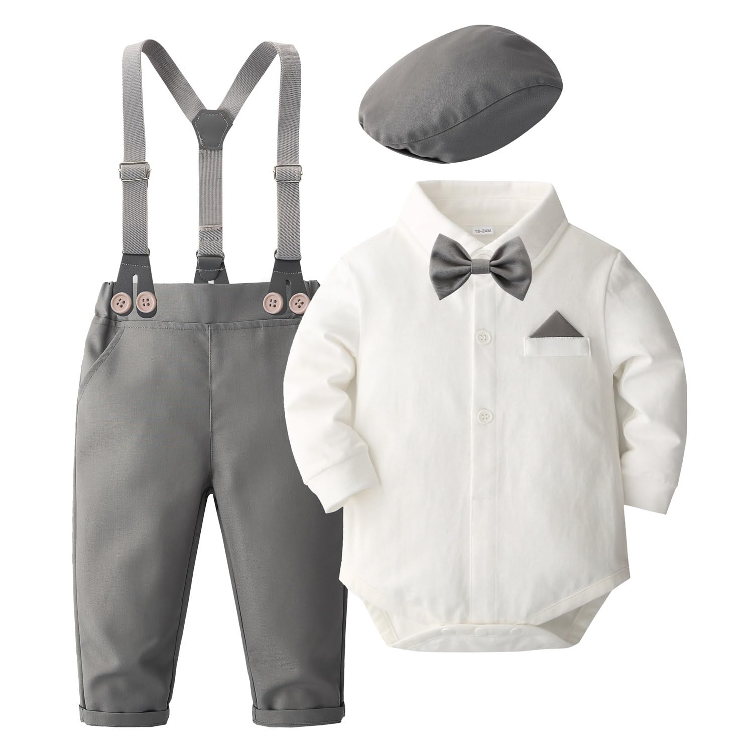 Photo 1 of SALNIER Baby Boy Dress Suit Clothes Sets Infant Tuxedo Gentleman Suits Outfits Bowtie Shirt Suspenders Pants Beret Hat 0-24M(B-gray,12-18 Months)