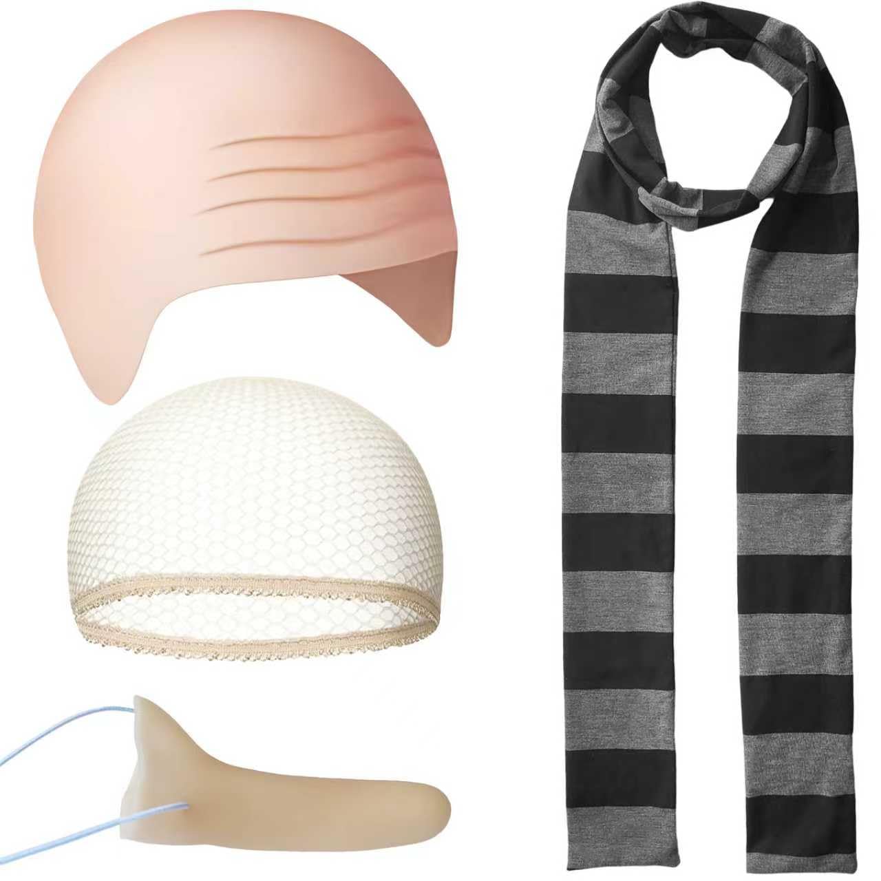 Photo 1 of 4pcs Halloween Costume Accessories for Adults, Novelty Fake Nose, Bald Cap, Black Gray Striped Scarf for Cosplay Classic Characters, Halloween Party Cosplay Set for Men