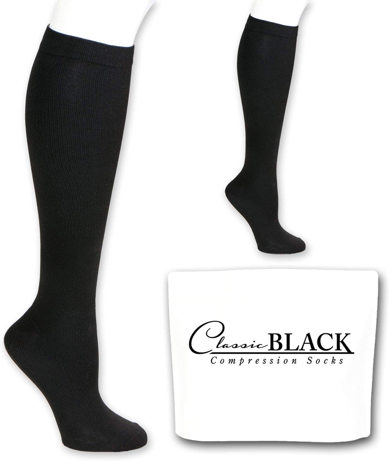 Classic Black Knee High Graduated Compression Socks 20-30 mmHg Firm Pressure Support for Women and Men, 2 Pairs of Therapeutic, Occupational, Diabetic, Knee-High Travel Socks (Small/Medium, Black)