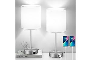 BOSCEOS Set of 2 Table Lamps with USB Ports, White Bedside Lamps with AC Outlet, Modern Nightstand Lamps with Rotary Switch, Minimalist Desk Lamp with Fabric Shade for Bedroom Living Room Office Reading