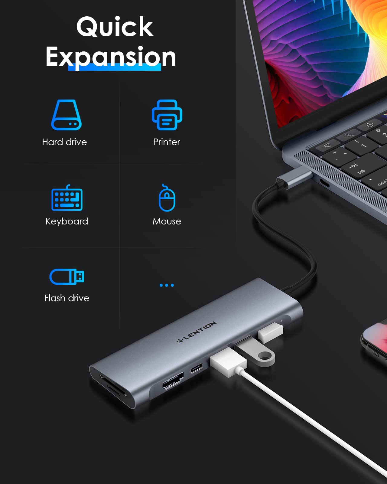 LENTION USB C Multiport Hub with 4K HDMI, 3 USB 3.0, SD/Micro SD 3.0 Card Reader, 100W PD Compatible 2024-2016 MacBook Pro, New Mac Air, Other Type C Devices, Stable Driver Adapter (C36B, Space Gray)