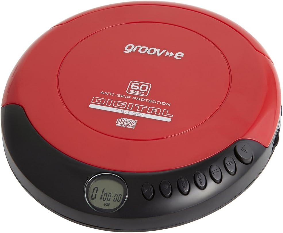 Groov-e Retro Compact CD Player Red - Anti-Skip, Programmable Tracks, Earphones