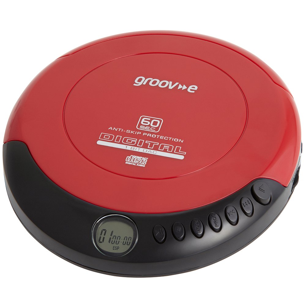 Groov-e RETRO Compact CD Player - Personal Music Player with CD-R & CD-RW Playback - Anti-Skip Protection, Programmable Tracks - Earphones Included - Micro-USB or Battery Powered - Red
