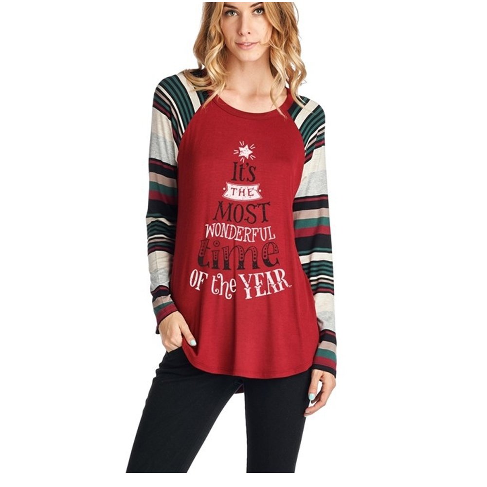 Idgreatim Women Lady Christmas Winter Long Sleeve Top Tee Graphic Cute Bottoming Shirt