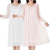 Breathffy 2 Pcs Women's Vintage Victorian Lace Nightgown Long Sleeve Romantic Princess Sleepwear Sleep Lounge Dress White, Pink