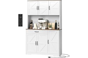 GRUSIGN 71" Pantry Cabinet with Charging Station, Large Capacity Kitchen Hutch Storage Cabinet, Kitchen Cabinet with Microwave Stand, Storage Drawers & Adjustable Shelves for Dining Room, White-New