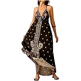 SOLY HUX Women's Boho Floral Print Maxi Dress Halter Backless Flowy Long Vacation Beach Summer Dresses