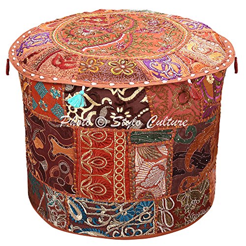 Stylo Culture Ethnic Pouf Cover Round Indian Patchwork Embroidered Pouffe Ottoman Cover Brown Cotton Floral Traditional Furniture Footstool Seat Puff Cover (18x18x13)