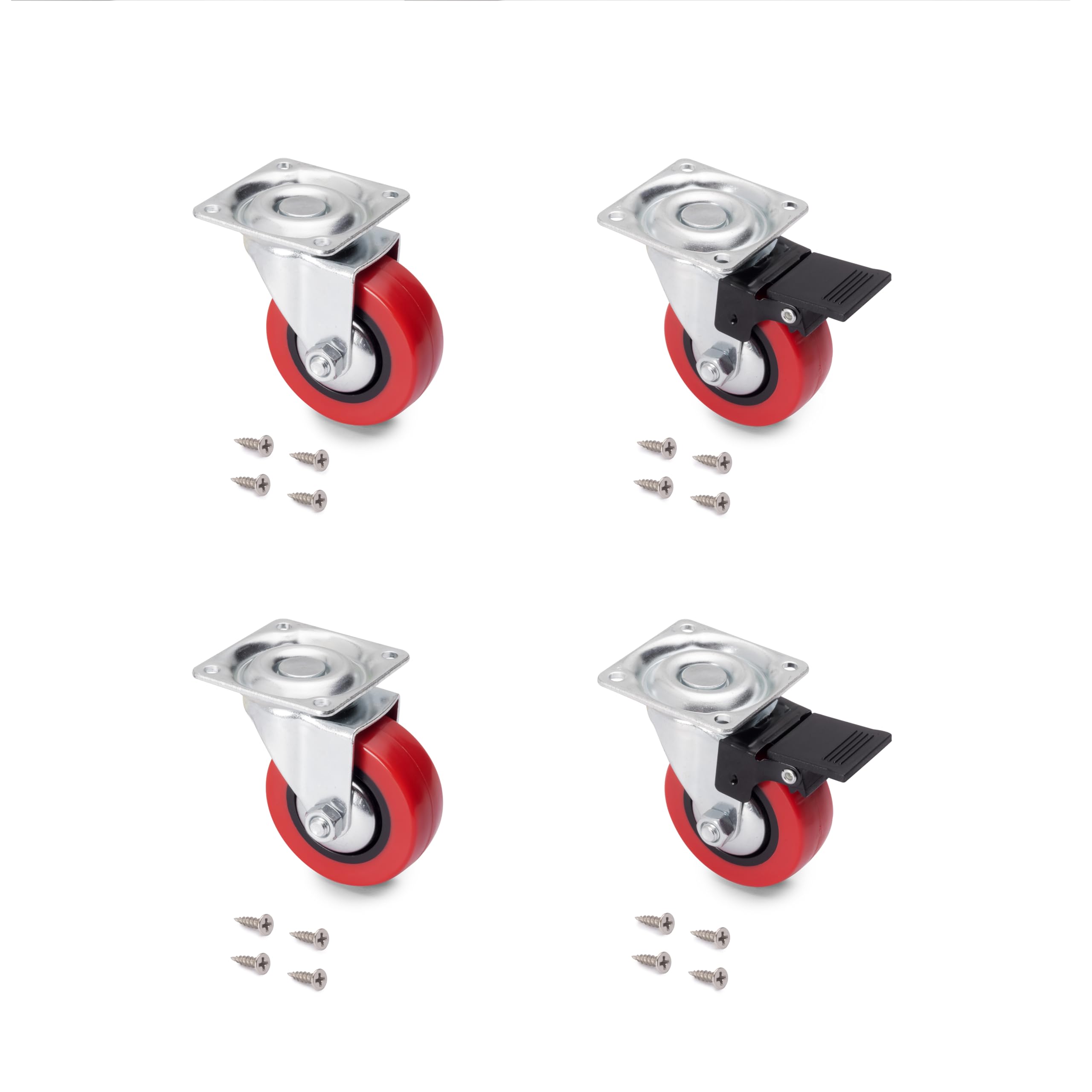 Emuca - Red castors kit with Plate-Mounted, Ø50mm (1,96 inch), 2 with Brake and 2 Without Brake, Steel and Plastic