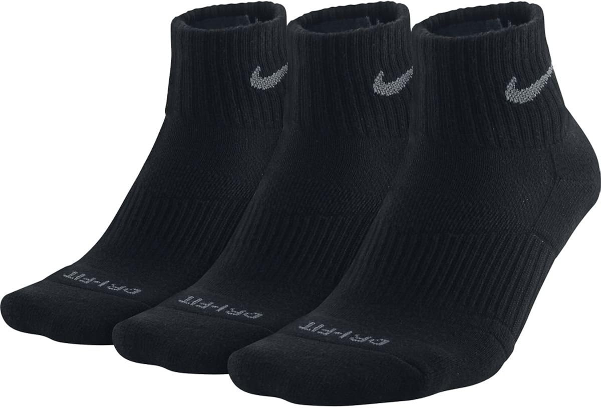 Nike FitDry Quarter Socks 3 Pack, XL, Black Clothing