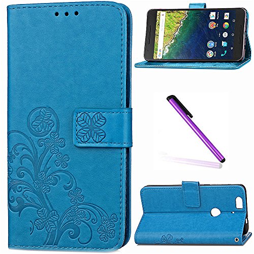 Huawei Nexus 6P Case, Google Nexus 6P Case LEECOCO Embossed Lucky Clover Floral with Card Cash Slots Magnetic Folio Flip Kickstand PU Leather Wallet Case Cover for Huawei Nexus 6P Clover Blue