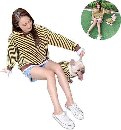 Amazon Co Jp 犬の服家族マッチングセ親子服春と秋ペットカジュアルウェアストライプラウンドネック長袖tシャツ犬と飼い主服黄 Xxxl ホーム キッチン