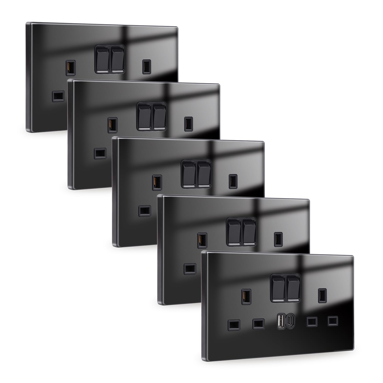JIMEIDA 5 Pack Black Double Switched Socket 20W Fast Charging 13 Amp with USB A and USB C Charging Ports Crystal Glass Panel Wall Outlet,250V