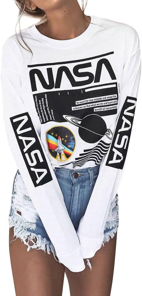 WLLW Women Long Sleeve Crew Neck NASA Letter Print NASA Shirt Blouse Sweatshirt