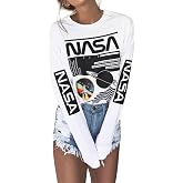 Women Space Shirt Long Sleeve Astronaut Space Outfit Crew Neck NASA Shirt | Retro Space Shuttle Graphic Tee, Science Teacher Shirt, Letter Print, for School, Parties and Casual Wear, Astronomy Gift