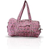 Quilted Floral Cotton Duffel Bag for Women, Handmade Lightweight Washable Large Travel Gym Bags with Pocket -Pink