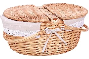 Wicker Picnic Basket with Removable Liner, Wicker Basket with Lid and Handle for Picnic, Camping, Outdoor, Halloween, Thanks 