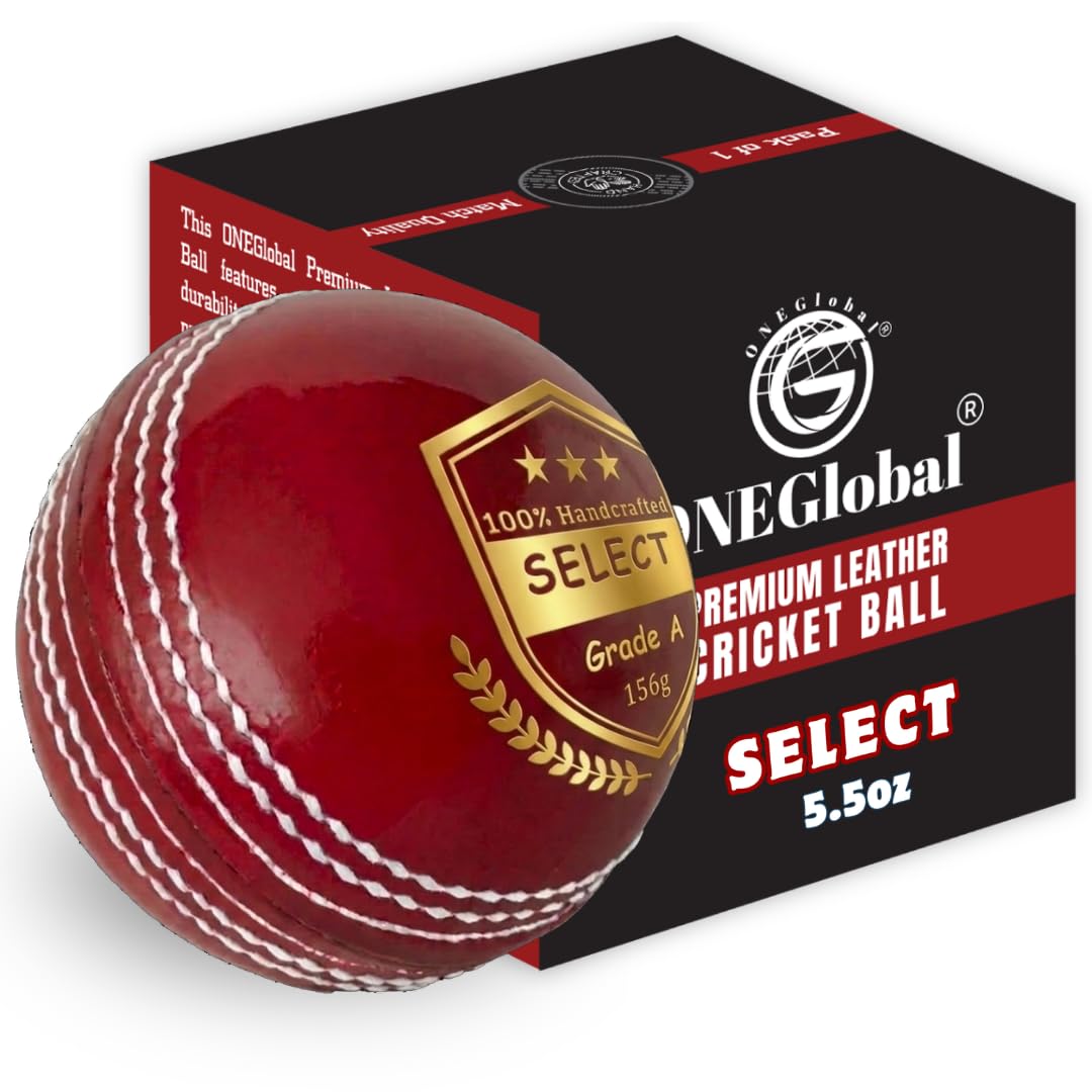 ONEGlobal Select Leather Cricket Ball for Match, Practice & Training | Senior 5.5oz & Junior 4.75oz Genuine Leather Hard Cricket Balls in Red, White, Pink or Red&White (1-RED, Senior)