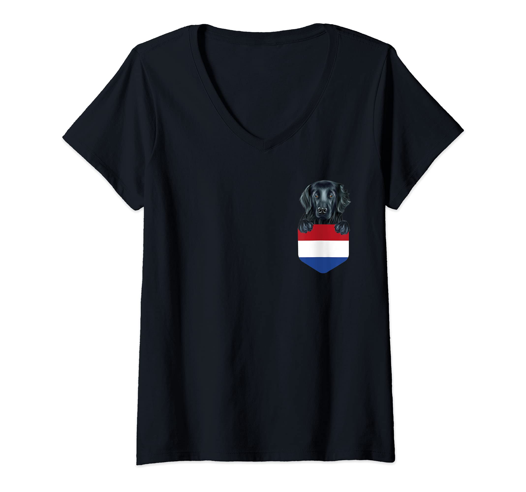 Womens Netherlands Flag Flat-Coated Retriever Dog In Pocket V-Neck T-Shirt