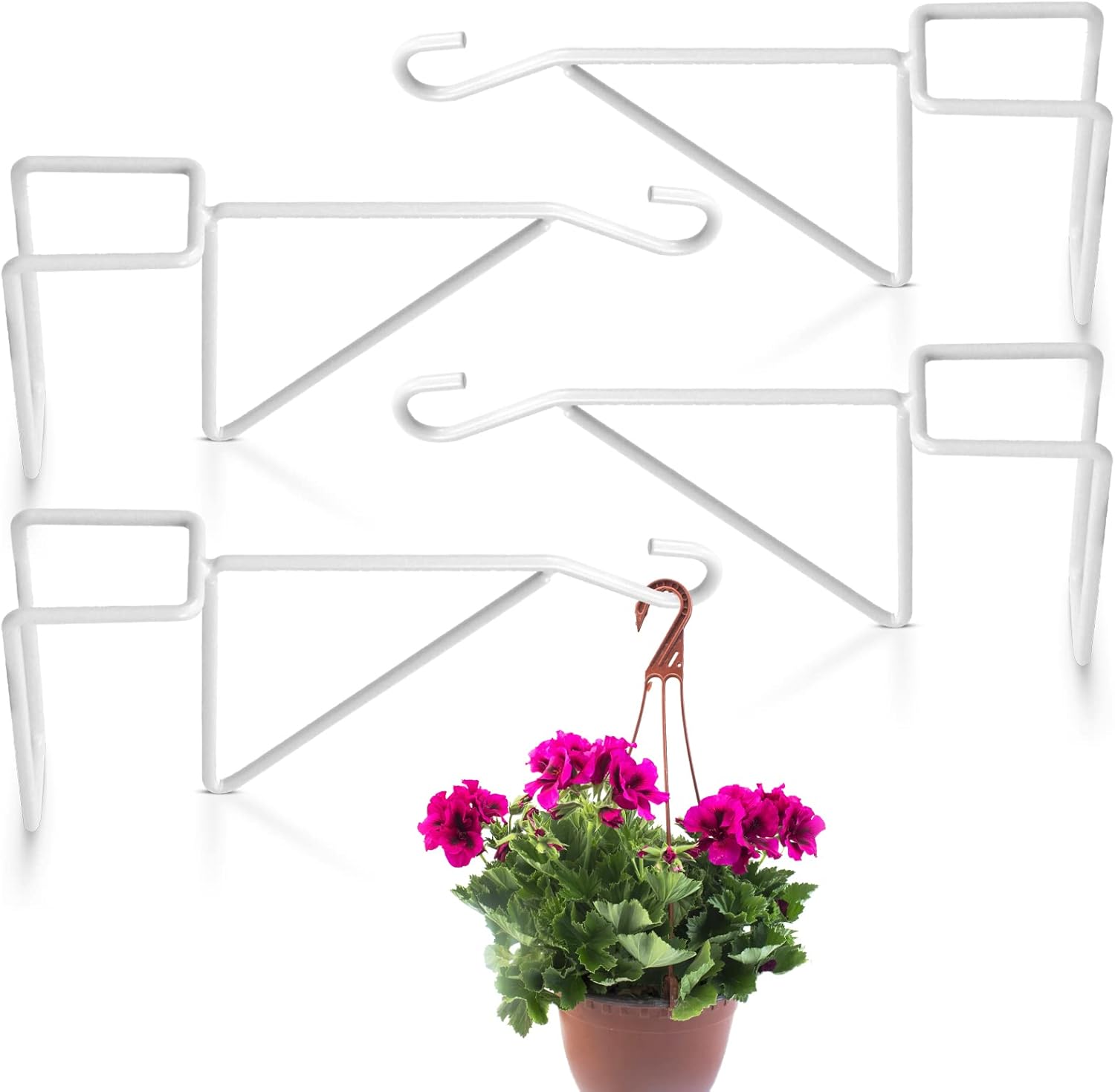 Outdoor Hanging Brackets - LiteViso Vinyl Fence Hooks, 4 Pack 5 x 10 Inches Over Fence Hanger Durable White Patio Hangers Powder Coated Steel Fence Hanger for Hanging Plants Bird Feeders,Lights,Hanging Basket,Pool Tools