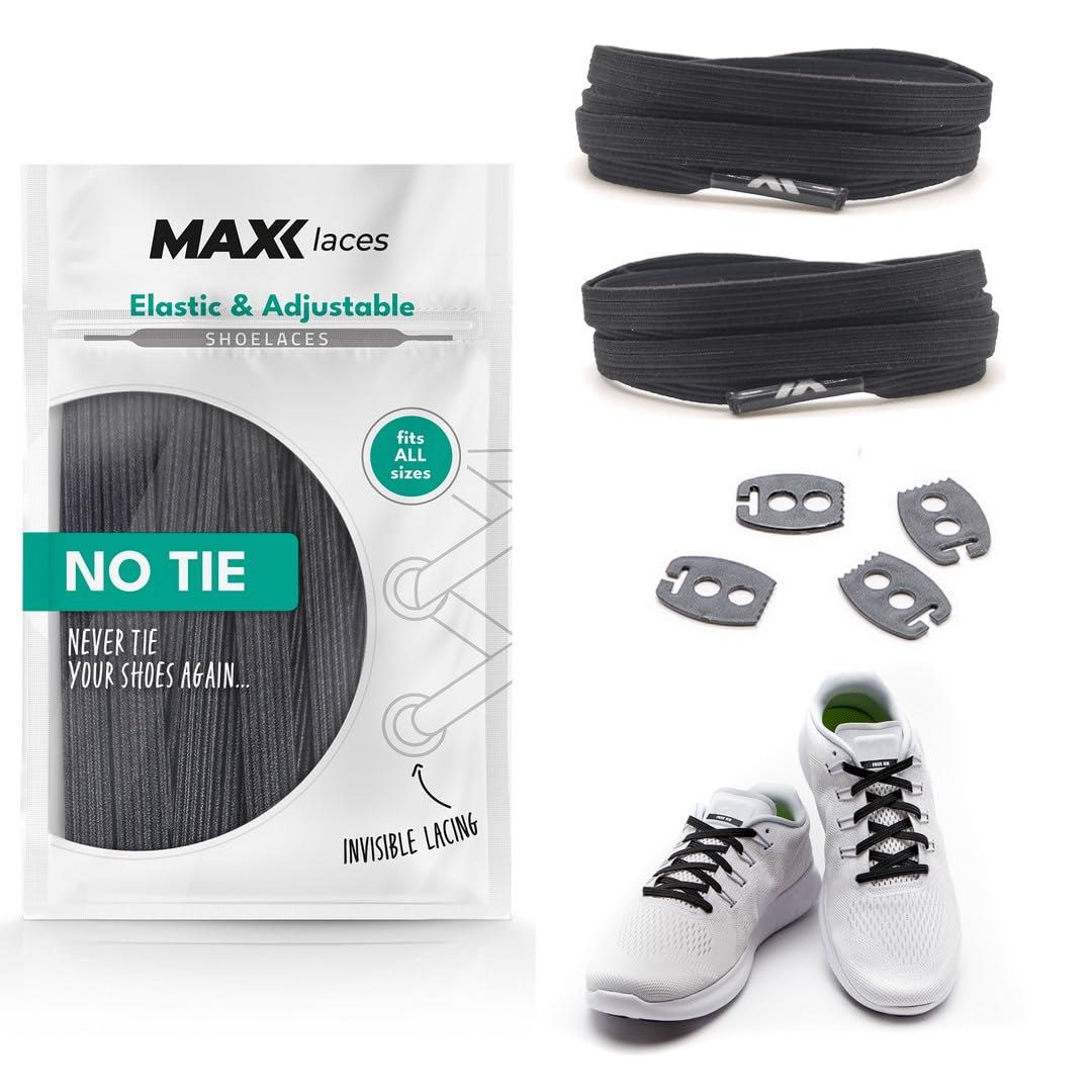 Maxxlaces Flat elastic laces with adjustable tension in different colours, shoe straps without bandages, comfortable shoe straps, easy to use, fits any shoe, black