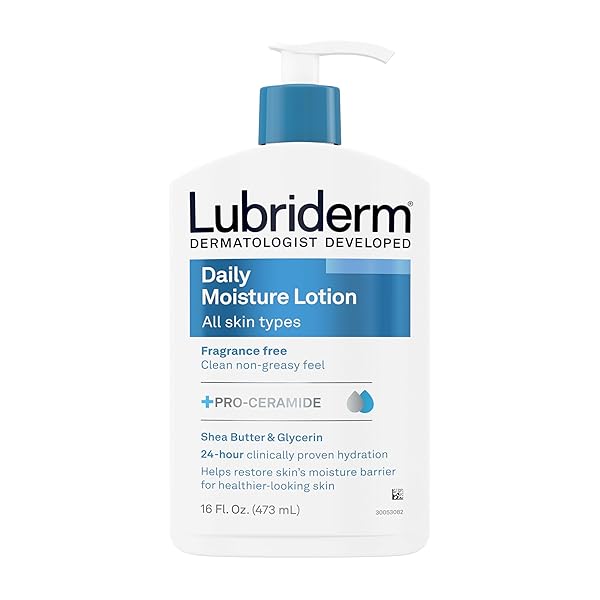 LUBRIDERM FRAGRANCE FREE DAILY MOISTURE LOTION + PRO-CERAMIDE, SHEA BUTTER & GLYCERIN, FACE, HAND & BODY LOTION FOR SENSITIVE SKIN, HYDRATING LOTION FOR HEALTHIER-LOOKING SKIN, 16 FL. OZ
