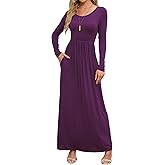 DEARCASE Women's Maxi Dress Long Sleeve Crewneck Loose Plain Casual Empire Waist Fall Party Long Dresses with Pockets