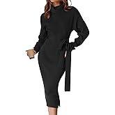 ZESICA Women's Turtleneck Sweater Midi Dress Long Sleeve Ribbed Knit Bodycon Slit Dress with Belt