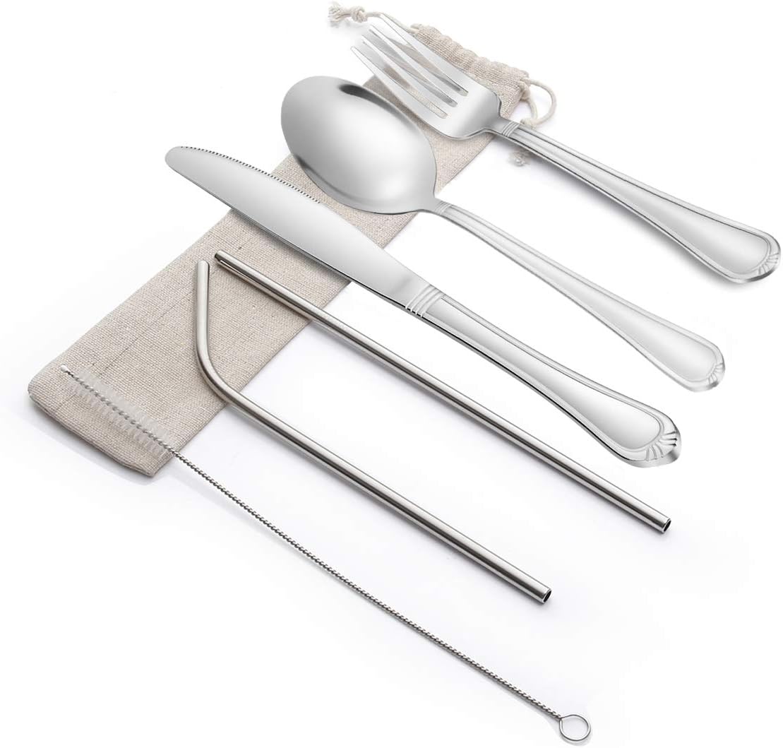 MEJAJU Travel Utensils Set with Case Portable Camping Cutlery Set, Stainless Steel Silverware Dinnerware Flatware set, 7-Piece including Knife Fork Spoon Cleaning Brush Straws Portable Case