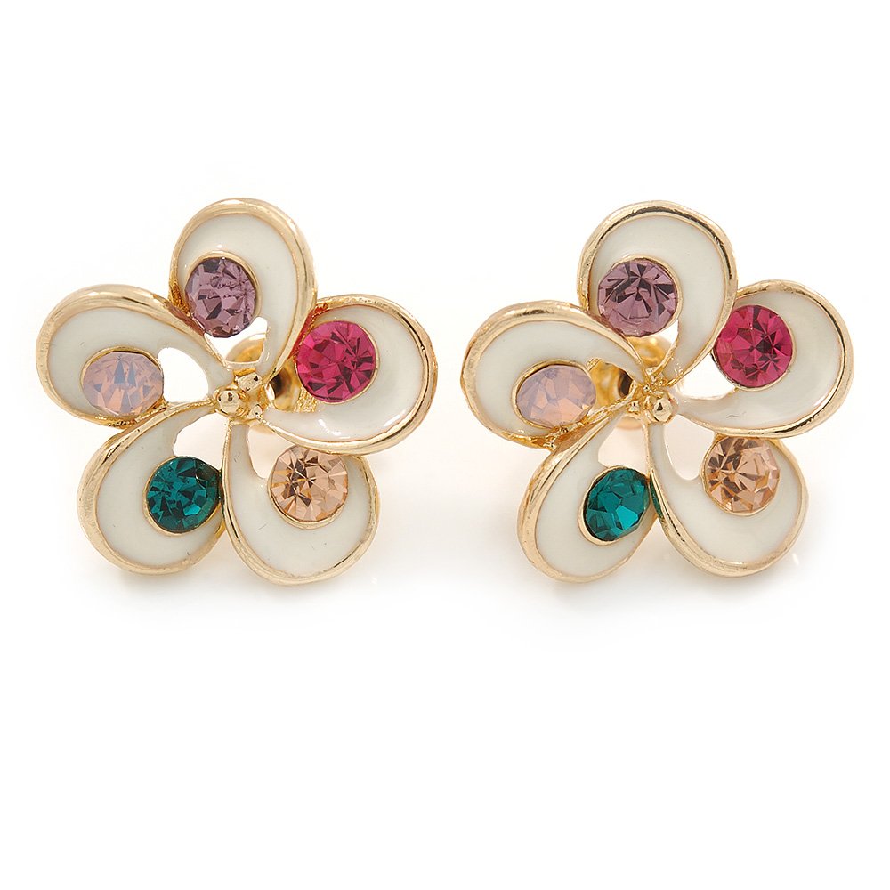 18mm D/White Enamel Multicoloured Crystal Flower Stud Earrings/Gold Tone