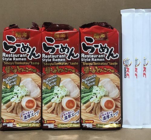 KC Commerce Menraku Restaurant Style Ramen Noodle Soup Pack of 3 With FREE KC Commerce Bamboo Chopsticks (shoyu tonkotsu Pack of 3)