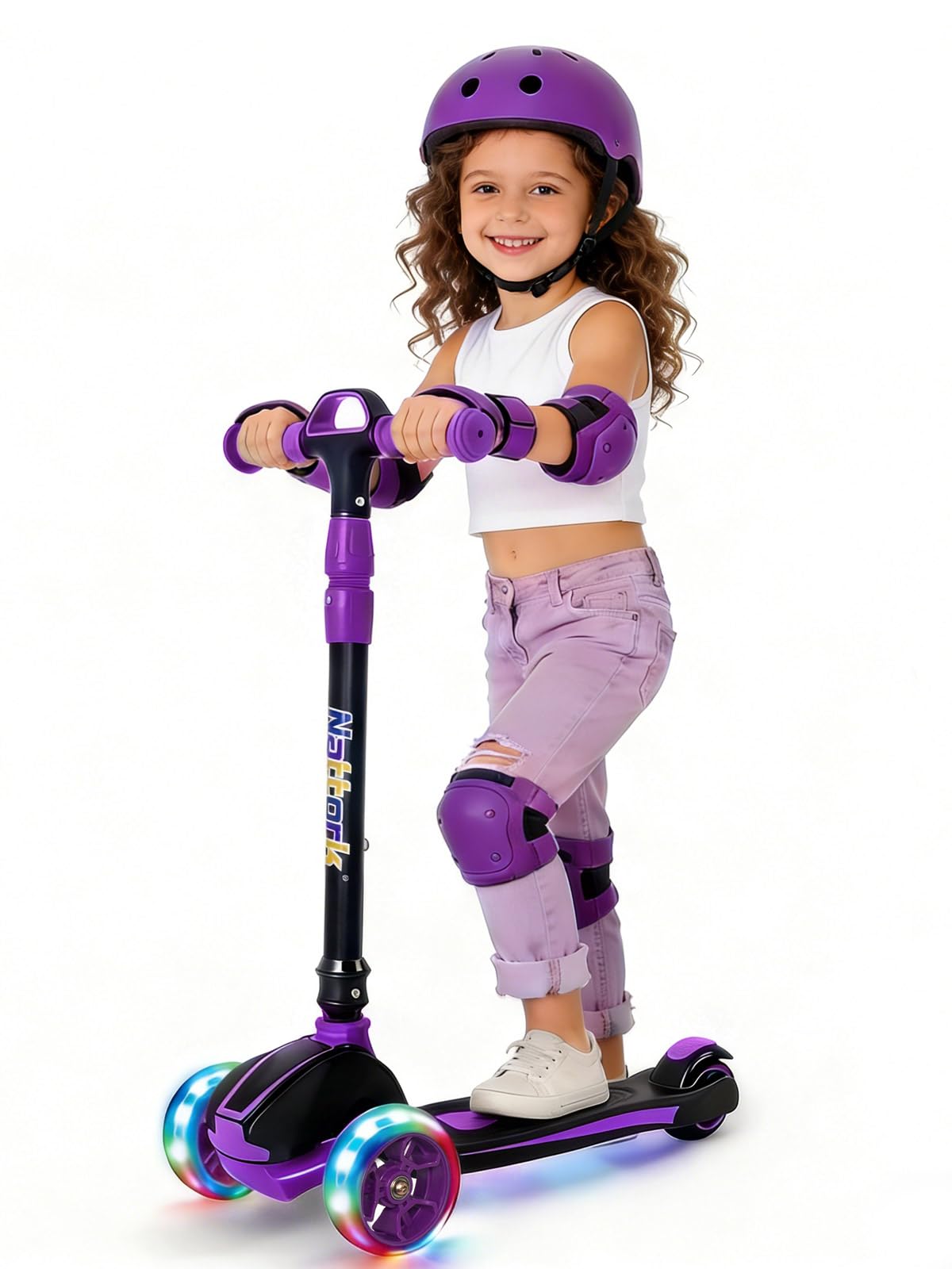 Nattork Light-Up 3-Wheels Scooter for Kids & Toddlers Ages 3-12 with 4 Adjustable Height for Boys & Girls,220LB Weight Capacity for Children3-5, 5-8, 6-12 Purple