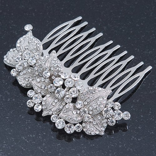 Bridal/ Wedding/ Prom/ Party Rhodium Plated Austrian Clear Crystal 'Leaves & Flowers' Hair Comb - 80mm