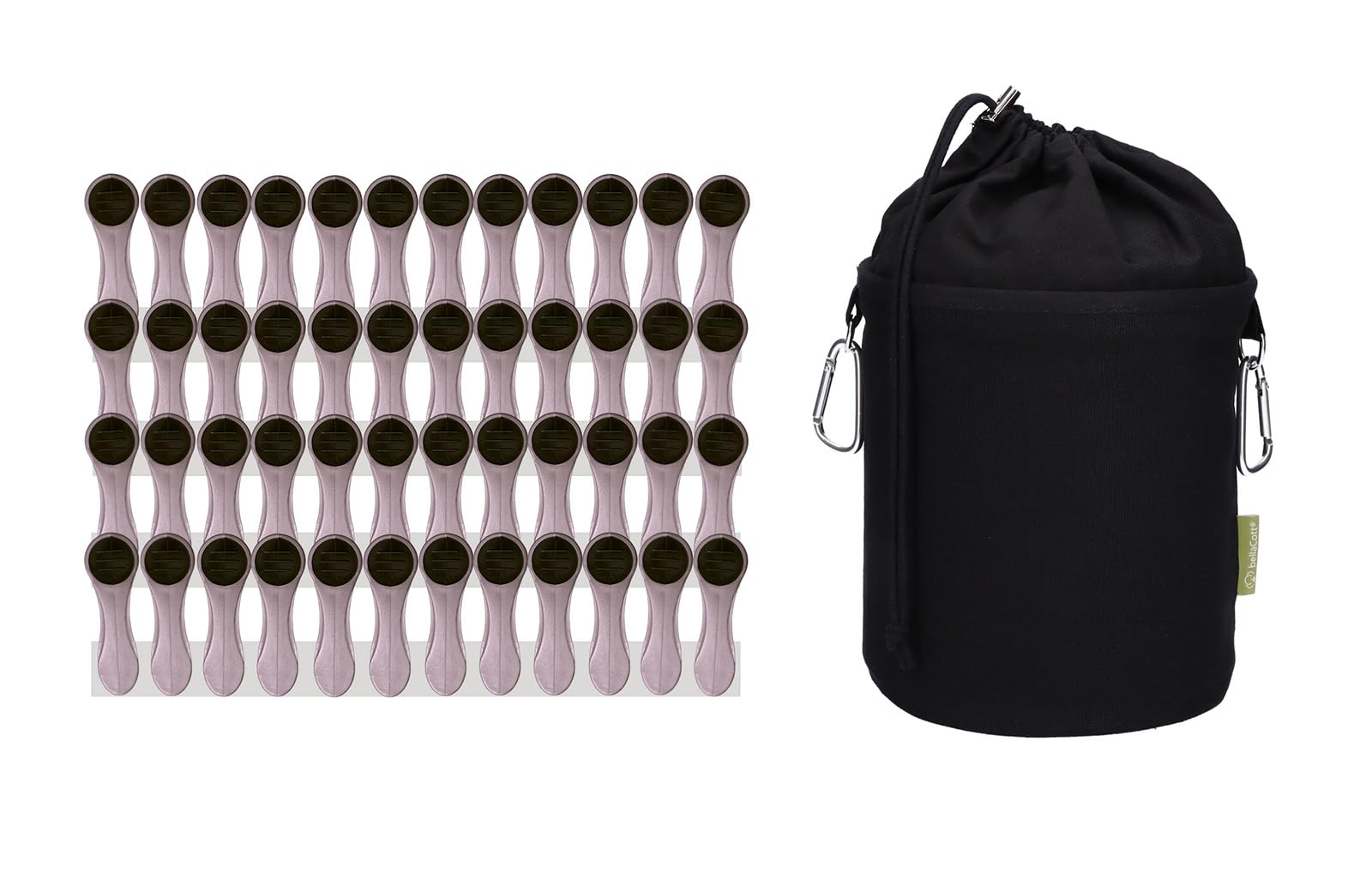 bellaCott 48 Clothes Pegs with Spiral Springs Soft Grip Silver Anthracite and 1 x Canvas Clothes Peg Bag Black