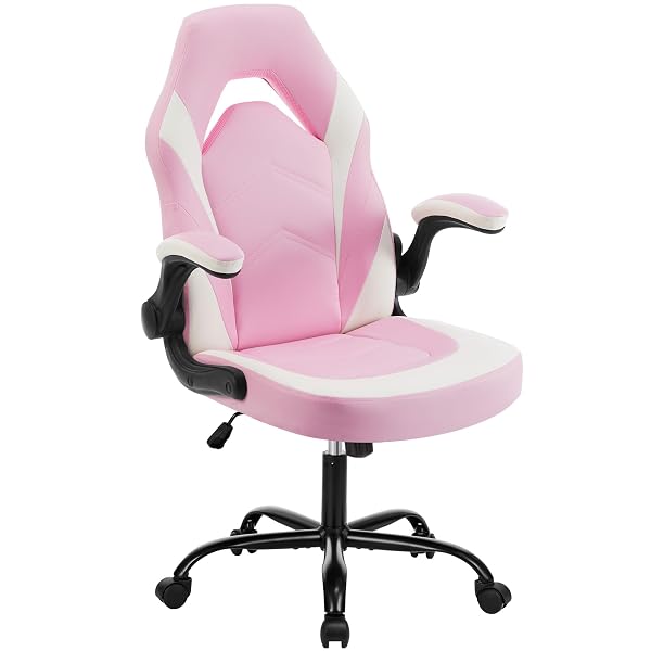 SWEETCRISPY COMPUTER GAMING DESK CHAIR – ERGONOMIC LUMBAR SUPPORT EXECUTIVE WITH PU LEATHER AND FLIP-UP ARMREST, HEIGHT ADJUSTABLE WITH 360° SWIVEL WHEELS, PINK WHITE, FOR HOME AND OFFICE