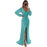 UZN Long Sleeve Sequin Prom Dresses Long Split for Women Sparkly V Neck Formal Evening Party Gowns