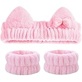Cute Spa Headband and Wristband Set for Women Kawaii Ear Pink Makeup Headband for Washing Face (3PCS, Pink)