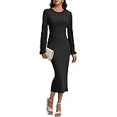 LYANER Women's Elegant Contrast Lace Long Sleeve Ribbed Knit Slit Slim Midi Bodycon Dress