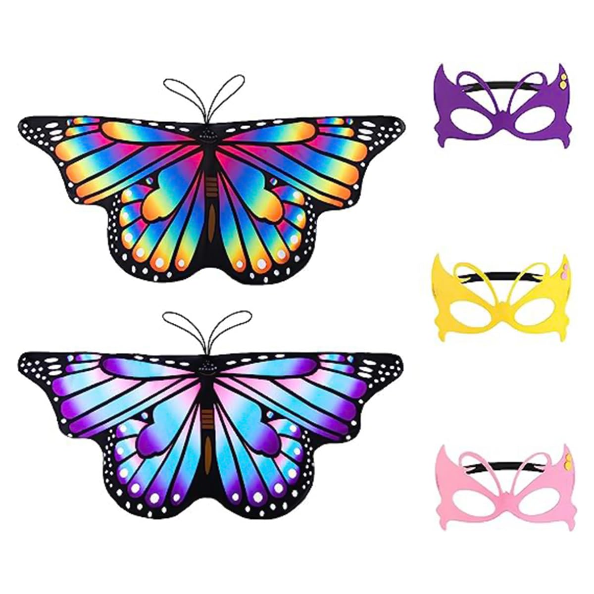 ANCLLO Children's Costume 2 Children's Butterfly Wings 3 Masks Butterfly Face Covers Butterfly Pixie Cape Girls Halloween Costume Party