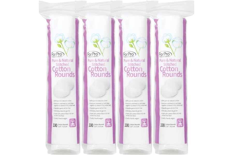 ForPro Pure & Natural Stitched Cotton Rounds for Face (400-Count), 100% Pure Cotton Makeup Remover Pads, Hypoallergenic, Lint-Free, Vegan & Cruelty-Free, Pack of 4-100 Cotton Pads