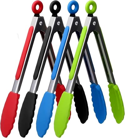 ZHIYE 9 Inch Kitchen Tongs 4 Pcs Stainless Steel With Silicone Tips Locking Clip