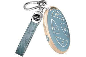 QBUC for Hyundai Ioniq 6 Key Fob Cover,Soft TPU 360 Degree Car Key Case Protector with Leather Keychain Compatible with Hyundai Ioniq 6 Grandeur GN7 KONA 2023 2024 Smart 5 Buttons Smart Key(Blue)